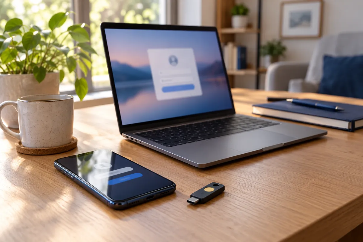 Laptop, telefon i klucz sprzętowy do bezpiecznego logowania