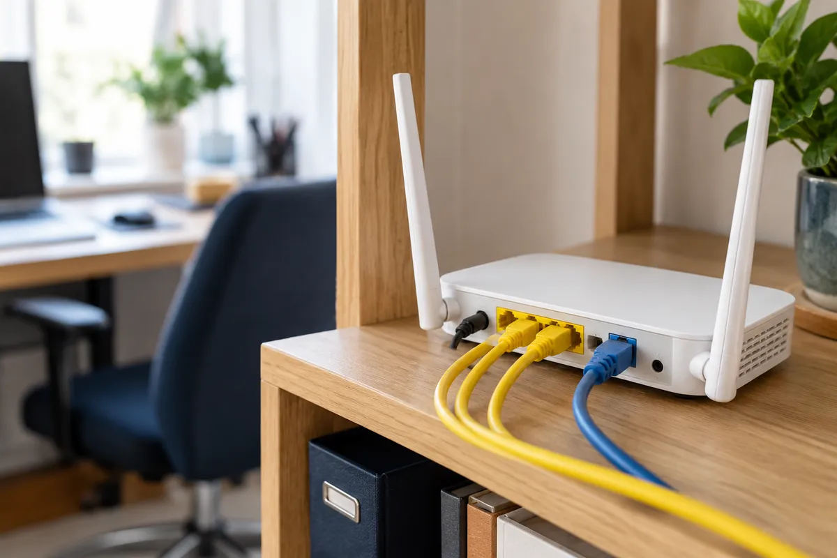 Router Wi-Fi z podłączonymi przewodami sieciowymi