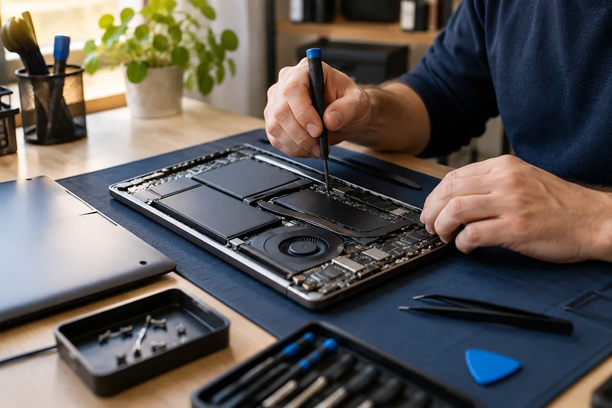 Praca serwisowa przy otwartym laptopie